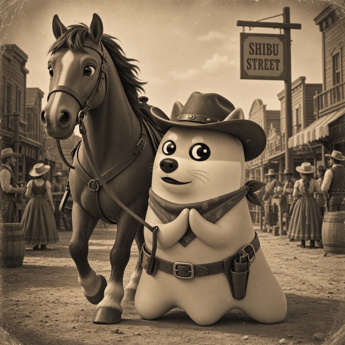A sepia-toned vintage-style illustration of a cute cartoon character wearing a cowboy hat and bandana standing next to a horse on 'SHIBU STREET,' surrounded by western-themed townspeople and buildings.