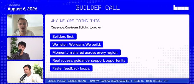 Slide titled 'BUILDER CALL' dated August 6, 2026, featuring Jesse Pollak, Saumya Saxena, and Nick B. Tong, outlining reasons including 'Builders first' and 'Faster feedback loops.'