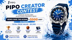 A promotional graphic for the "PIPO Creator Contest" run by SNPO, featuring a rugged wristwatch, offering a top prize of $500 USDT and a total prize pool of $1,100 USDT, with winners to be announced on August 24-25, 2026. The contest ties into the author's post about raising awareness for PIPO's private-market access by promoting an opportunity for creators to engage and win crypto rewards.