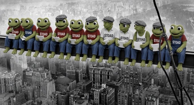 A surreal digital artwork mimicking the iconic 'Lunch atop a Skyscraper' photo, where the construction workers have been replaced by Kermit the Frog characters wearing red shirts labeled '$TOAD'.