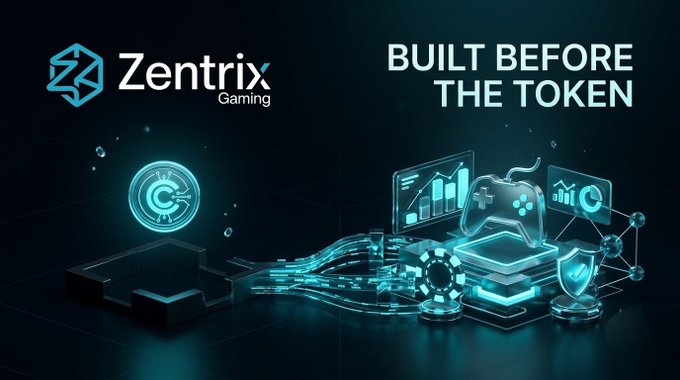 The image is a promotional graphic for "Zentrix Gaming" featuring the tagline "BUILT BEFORE THE TOKEN" alongside stylized 3D renders of gaming peripherals, a poker chip, data charts, and a shield icon interconnected through digital pathways—visually reinforcing the message that Zentrix prioritized developing actual gaming experiences (like prediction and competition) before launching its $ZENT token.