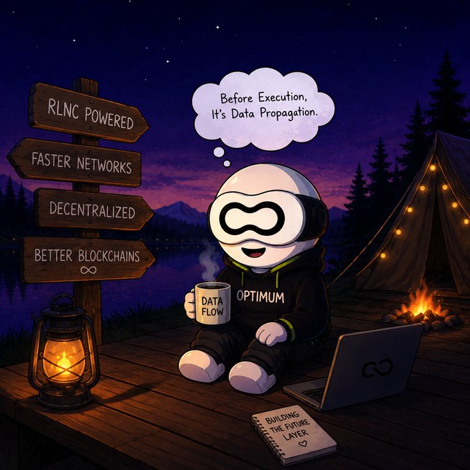 The image features a cartoon character sitting at a table with a laptop, holding a cup of coffee, and surrounded by signs that read "Before Execution, It's Data Propagation." The scene suggests an artistic interpretation of the importance of data flow in execution speed. The cartoon character seems to be contemplating how to optimize data propagation or thinking about the concept of "optimum" as it relates to their current situation.