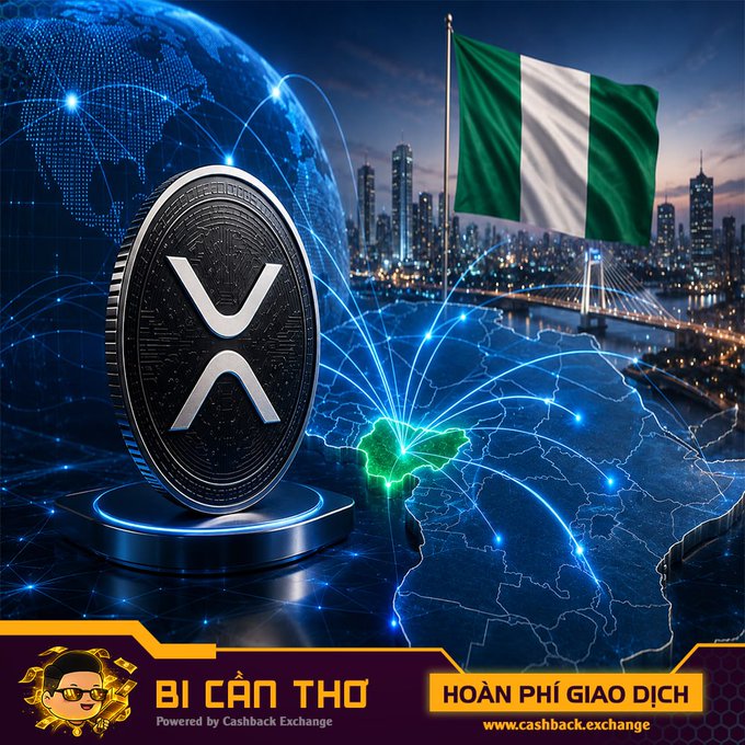 A promotional cryptocurrency image featuring a large coin with the XRP/X logo, a globe, the Nigerian flag, and text reading 'BI CẦN THƠ' and 'HOÀN PHÍ GIAO DỊCH' for Cashback Exchange.