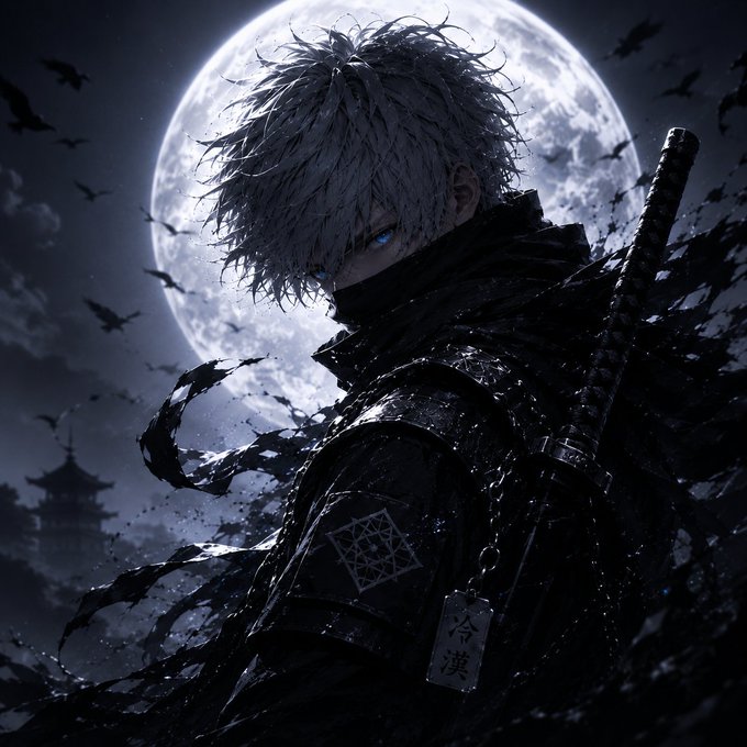 A dark fantasy anime-style illustration of a white-haired warrior with glowing blue eyes, wearing a face covering and dark armor, standing before a full moon with a pagoda and crows in the background.