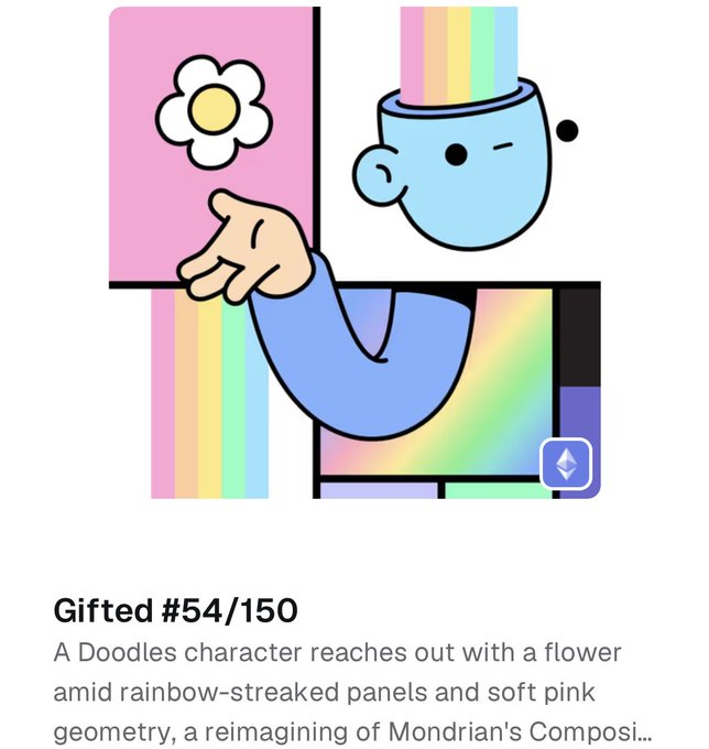 The image features a cartoon illustration of a person with a flower, possibly a daisy or a rose, placed above their head. The background of the image consists of a rainbow, which adds color and vibrancy to the scene. The text in the image reads "A Doodles character reaches out with a flower", indicating that it is a doodle or cartoon illustration depicting a person reaching for a flower.