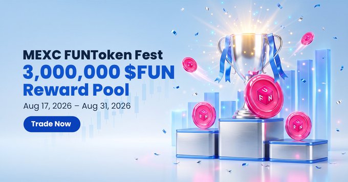 A promotional banner for MEXC FUNTtoken Fest advertising a 3,000,000 $FUN Reward Pool from Aug 17, 2026 to Aug 31, 2026, featuring a silver trophy and pink $FUN coins.