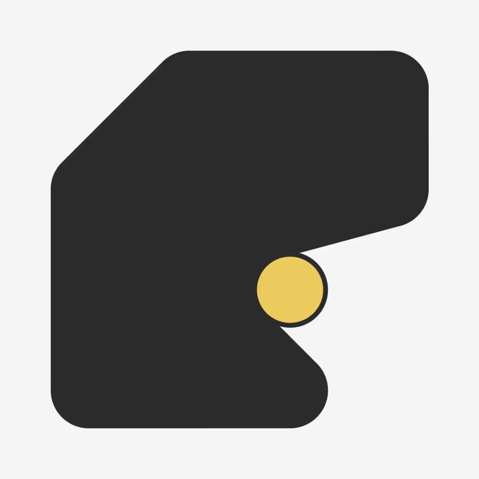 A minimalist logo featuring a black angular shape resembling a stylized letter 'B' or 'R' with a yellow circle attached to its side, set against a light gray background.