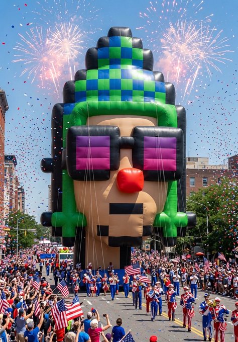 A massive inflatable pixel-art character with green checkered hair, purple sunglasses, and a red nose floats over a 4th of July parade with fireworks, confetti, American flags, and marching crowds.