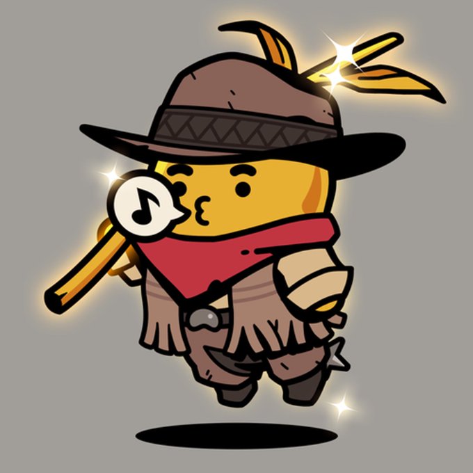 A cartoonish yellow character wearing a brown cowboy hat, red bandana, and fringed jacket, depicted blowing a music note whistle with sparkles around it.