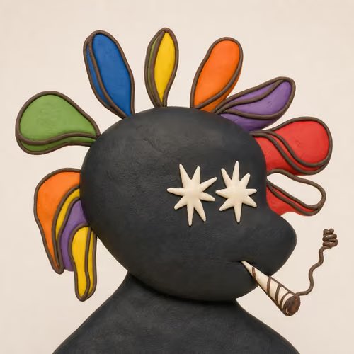The image is a vibrant, colorful 3D rendering of a black, stylized humanoid figure with rainbow-colored petal-like protrusions forming a mohawk, white star-shaped eyes, and a striped cigarette in its mouth. The artwork matches the post's enthusiastic endorsement of forward-style art from creator @0xClayFactory, showcasing their signature playful and psychedelic aesthetic.