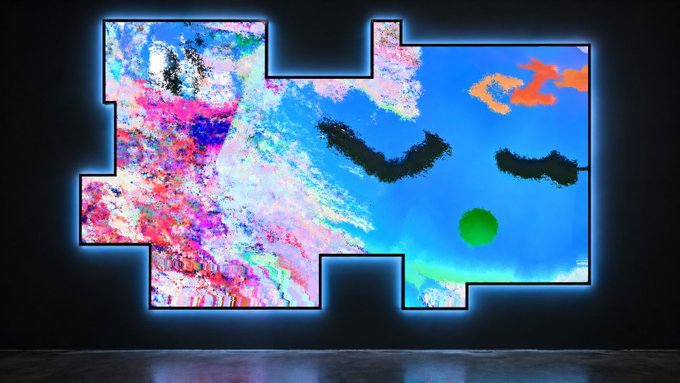 A vibrant abstract digital artwork featuring a distorted face with closed eyes and a green cheek detail, framed by a glowing blue rectangular border against a black background, displayed in a gallery-like setting with the artist's SuperRare listing for 1 ETH.