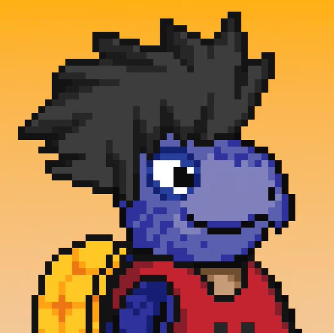 A pixel art illustration of a character with purple/blue skin and a large black afro hairstyle, wearing a red shirt and holding a gold coin, set against an orange background.