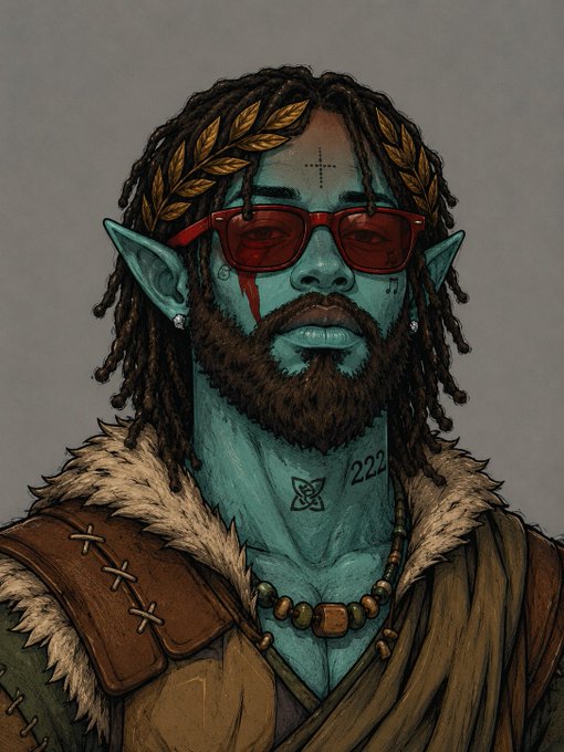 A stylized portrait of a blue-skinned, elf-like character with dreadlocks, a golden laurel crown, red-tinted sunglasses, and a teal-painted face, featuring visible text "222" and a symbol tattooed on the neck. The image's mystical, warrior-like aesthetic complements the crypto post's motivational Sunday message, evoking strength and readiness for the market pursuit of the "$H173K" token goal.