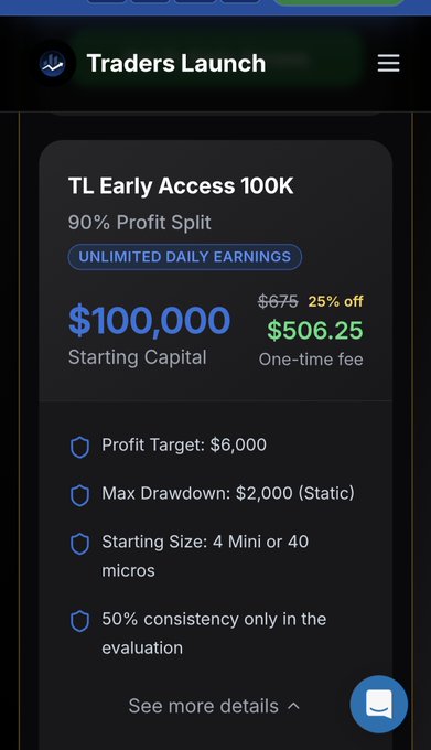 Mobile screenshot of 'Traders Launch' showing a 'TL Early Access 100K' trading program with $100,000 starting capital, 90% profit split, $506.25 one-time fee (25% off), $6,000 profit target, and $2,000 max drawdown.