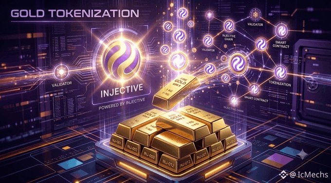 A futuristic digital illustration showcasing "GOLD TOKENIZATION" with the "INJECTIVE" logo, stacked gold bars marked "AU.012", and interconnected nodes labeled "VALIDATOR," "SMART CONTRACT," and "INJECTIVE CHAIN" against a circuit-board backdrop. The image visually reinforces the post's message of gold being rapidly tokenized on the blockchain, positioning Injective ($INJ) as the launchpad bridging traditional gold assets to Web3.