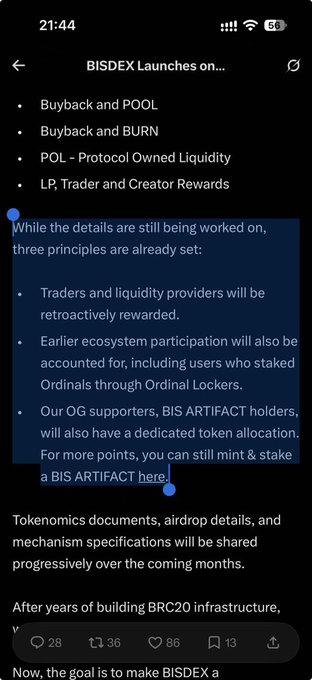 The image displays a screenshot of an announcement titled "BISDEX Launches on..." detailing tokenomics plans including Buyback and POOL, Buyback and BURN, POL (Protocol Owned Liquidity), and LP/Trader/Creator Rewards. It highlights that traders, liquidity providers, and earlier ecosystem participants—including users who staked Ordinals through Ordinal Lockers and BIS ARTIFACT holders—will be retroactively rewarded with dedicated token allocation.