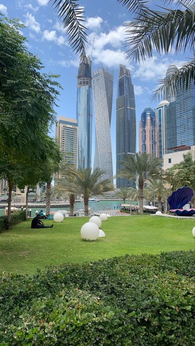 A "GM" greeting with a view of Dubai Marina's skyline, featuring iconic towers and palm trees along the waterfront promenade.