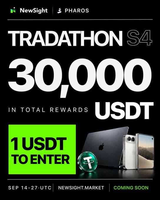 A promotional poster for 'TRADATHON S4' by NewSight and PHAROS, offering 30,000 USDT in total rewards with a 1 USDT entry fee, running SEP 14-27-UTC at NEWSIGHT.MARKET.