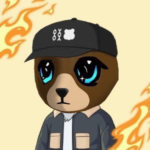 A cartoonish illustration shows a sad-looking brown puppy with large blue eyes wearing a black baseball cap with a bear logo and a blue jacket, set against a pale yellow background with flame motifs on the sides.