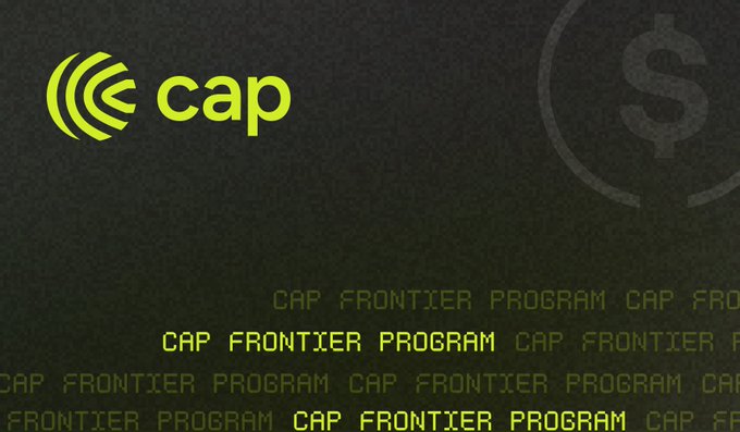 The image shows a dark promotional graphic featuring the "cap" logo in bright green/yellow, with "CAP FRONTIER PROGRAM" text repeated across the background alongside a faded dollar sign, visually supporting the post's warning about the CAP protocol allegedly scamming users through its yield farming program.