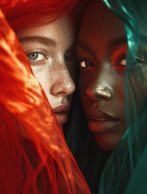 Close-up portrait of two women—one with red hair and freckles, the other with dark skin—framed by red and teal translucent fabric.