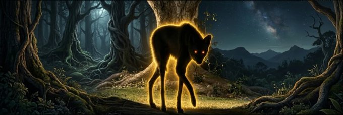 A dark, glowing-eyed canine creature with a fiery golden aura stands in a moonlit forest, evoking the mythical and elusive nature of the Maned Wolf, which ties directly into the $WIIN memecoin's branding. The image reinforces the mysterious and degen appeal of the new token launch, visually capturing its untamed and otherworldly essence.