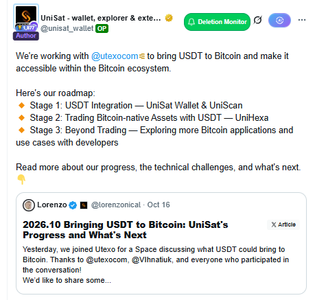 A Twitter/X post by UniSat (@unisat_wallet) discussing collaboration with Utexcom to bring USDT to the Bitcoin ecosystem, outlining a three-stage roadmap including UniHexa and developer tools.