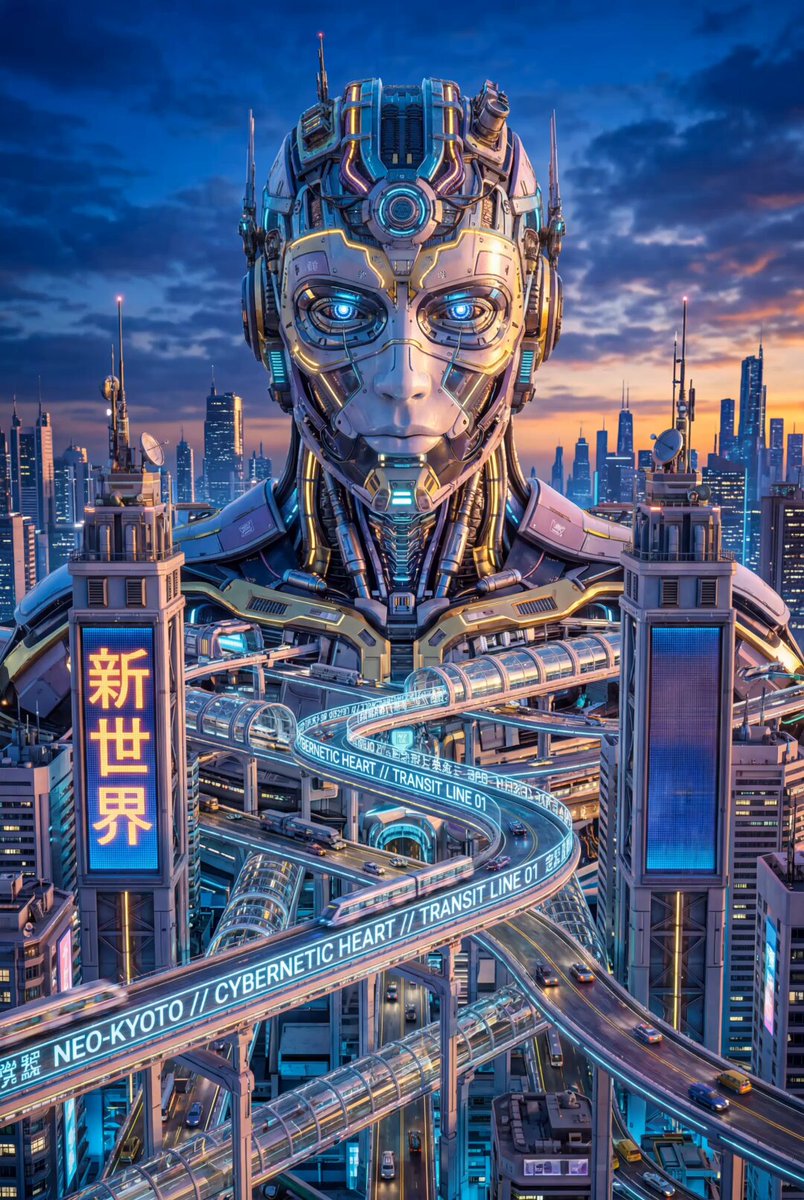 The image features a futuristic cityscape, dominated by a large robot-like structure with a face and arms. The city itself appears to be made of concrete and glass, giving it an industrial and technological feel. The sky above is filled with clouds, adding depth and atmosphere to the scene. In the foreground, there are two cars parked on the street, providing a sense of scale and context for the viewer. The image also contains text in Japanese that reads "Day 151 of the 2026 Daily Collection on Neo Kyoto Cybernetic Heart. Neo Kyoto Cybernetic Heart pulses with the rhythm of the city. Concrete arteries meet electric bass."