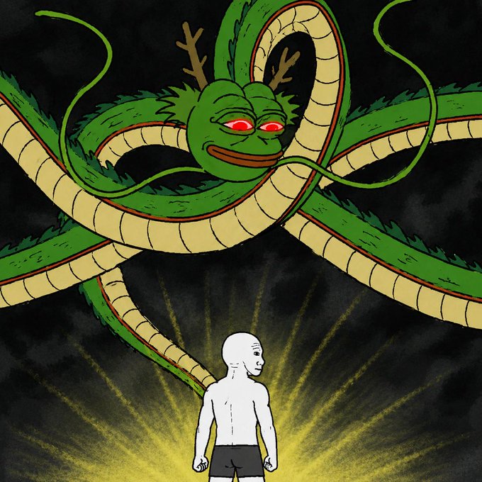 A green dragon with antlers and red eyes looms over a small bald figure in shorts, who stands glowing in a yellow aura against a dark background. The illustration parodies the classic Dragon Ball scene of Shenron granting a wish, reimagined with Pepe the Frog as the dragon and Wojak as the wishmaker, tying directly to the post's playful theme of asking "Shenron Pepe" for world peace.