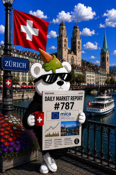 An AI-generated illustration of a bear mascot wearing sunglasses and holding a 'Bearish Records Daily Market Report #787' newspaper in Zürich, Switzerland.