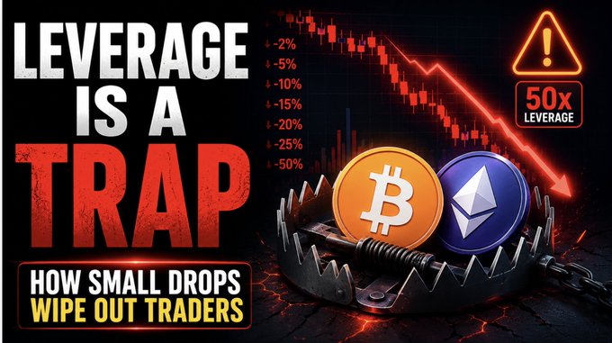 A bold red and black graphic with the text 'LEVERAGE IS A TRAP' warning how small drops wipe out traders, featuring a bear trap with Bitcoin and Ethereum coins.