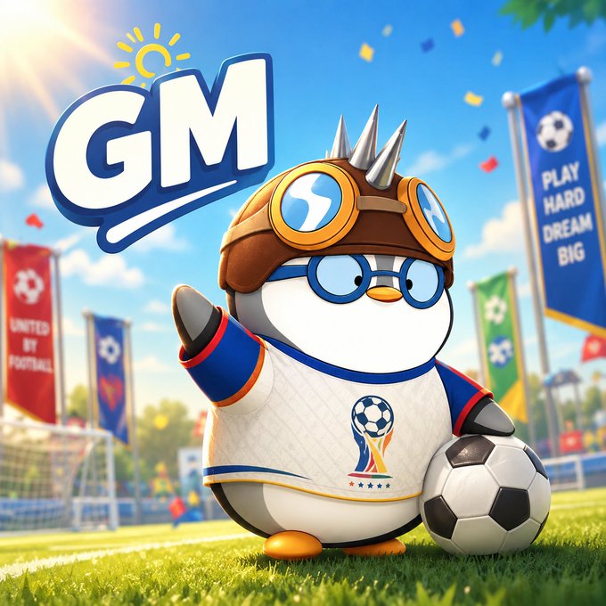 The image features a cartoon penguin standing on a soccer field with a soccer ball at its feet. The background of the image includes flags, suggesting that this scene takes place during or around the World Cup. The text "Gm gm CT World Cup energy, Lil Pudgy vibes, and full degen mode activated." is present in the image as well. This post seems to be promoting a soccer game or event related to the World Cup, with a focus on energy, enthusiasm, and fun.