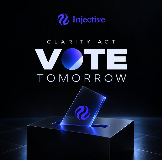 A promotional graphic for Injective urging viewers to 'VOTE TOMORROW' for the 'CLARITY ACT,' featuring a glowing blue card with the Injective logo.