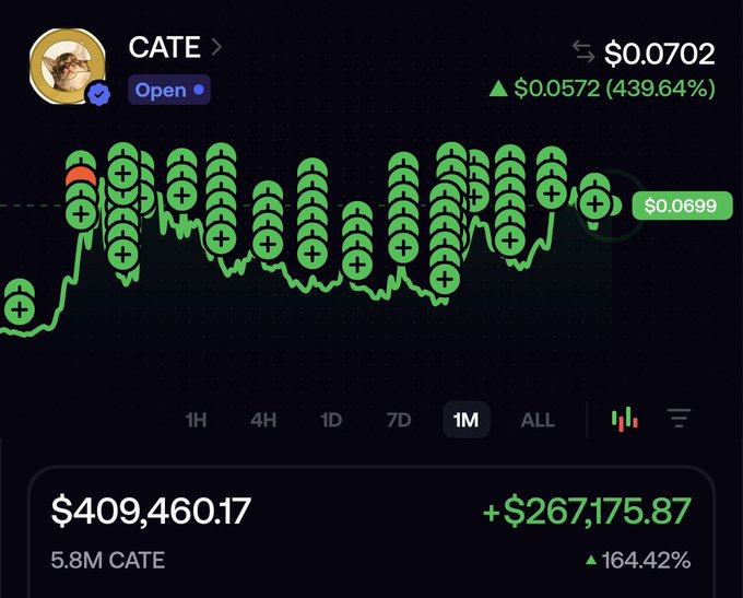 A meme coin chart for CATE showing a price of $0.0702, up 439.64%, with a 1M chart covered in green '+' icons.