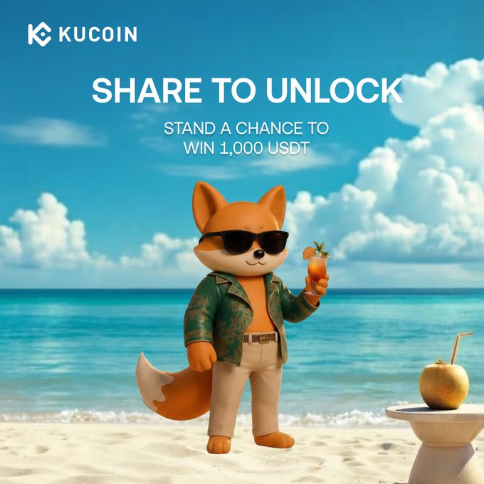 The KuCoin promotional image features an anthropomorphic fox mascot wearing sunglasses, a tropical shirt, and holding a cocktail on a sunny beach with turquoise waters. The text "SHARE TO UNLOCK — STAND A CHANCE TO WIN 1,000 USDT" appears above the KuCoin logo, supporting the campaign encouraging users to share their KuKu badges and complete futures trades to win the USDT prize.