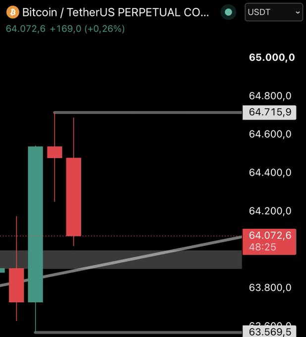 A Bitcoin/TetherUS Perpetual Contract chart on Binance showing BTC at $64,072.6 (+0.26%), with key resistance at $64,715.9 and support at $63,569.5, alongside price levels of $65,000, $64,800, $64,600, $64,400, $64,200, $63,800 marked on the right axis. The candlestick pattern displays the consolidation within the identified $63,900-$63,500 liquidity zone the trader is monitoring for a potential bullish move toward $66,000.