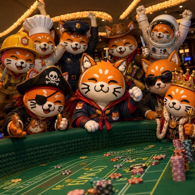 A group of cartoon orange cat mascots dressed in various costumes (chef, police officer, cowboy, astronaut, pirate, king) are gathered around a green craps/casino table with stacks of chips.