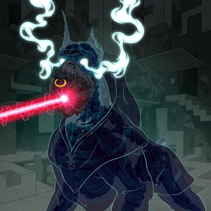 A dark, muscular humanoid figure with glowing blue smoke-like horns and a mechanical jaw fires a red laser beam from its mouth in a stylized urban environment.