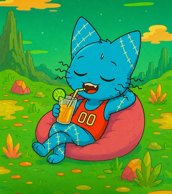 Cartoon illustration of a blue stitched cat-like character wearing an orange '00' shirt, relaxing in a pink beanbag chair while sipping an orange drink with a lime garnish in a green grassy landscape.