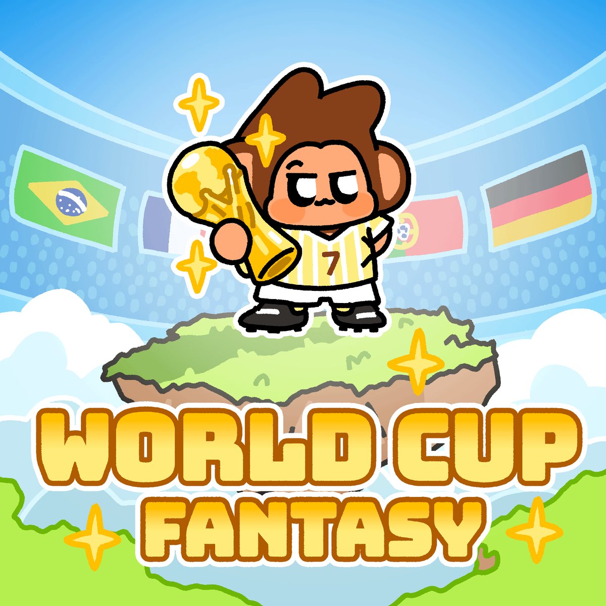 The image features a cartoon monkey holding a trophy above his head, with the text "World Cup Fantasy" written beneath him. The background shows a map of the world with various countries' flags displayed. The main focus of the image is on the monkey holding the trophy and the title "World Cup Fantasy".