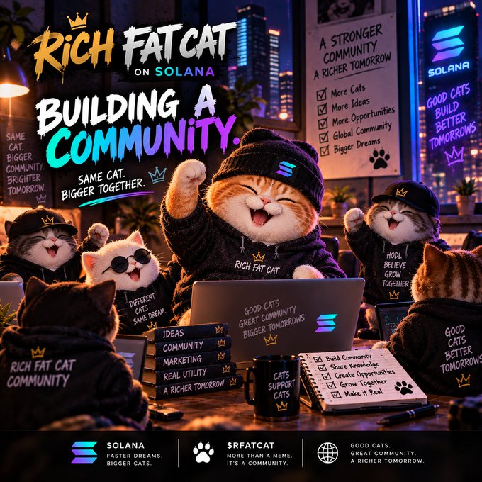 A 'Rich Fat Cat on Solana' promotional graphic with the slogan 'BUILDING A COMMUNITY' and 'Same Cat. Bigger Together,' featuring multiple cartoon cats wearing branded merch in a workspace setting.