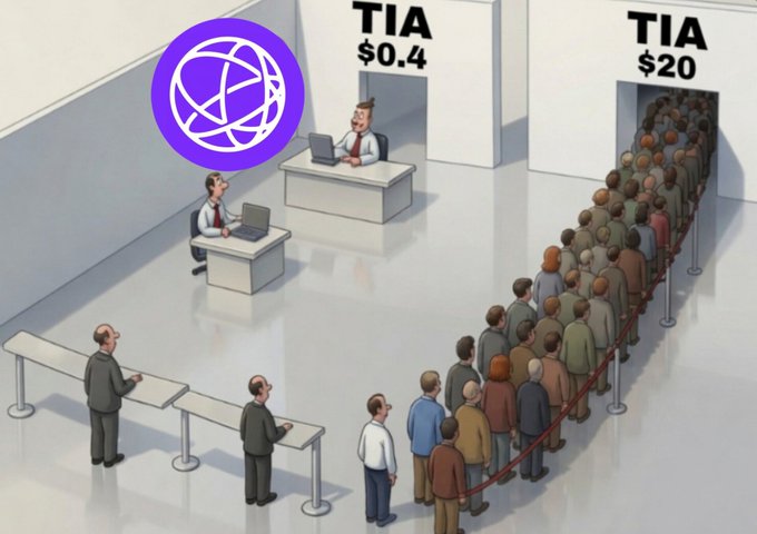 The image is a cartoon showing a massive crowd lined up at a "TIA $20" counter while a single person approaches an empty "TIA $0.4" counter, with a purple Celestia logo floating above. The illustration visually contrasts the price disparity between TIA's current low value and its all-time high, emphasizing the post's question about whether Celestia (TIA) can recover to its previous peak price.