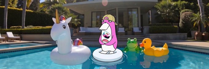 Cartoon characters including a unicorn, a pink figure, a frog, and a rubber duck float in a luxurious swimming pool, promoting the upcoming launch of "$SushiWASSIE" on @pools_dot_fun as teased by the accompanying post.