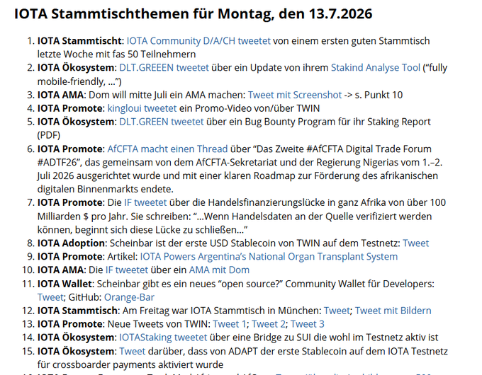 A German text document titled 'IOTA Stammtischthemen für Montag, den 13.7.2026' listing 15 numbered topics related to IOTA cryptocurrency, community meetups, and promotions.
