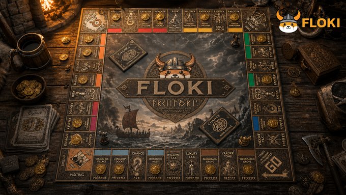 A Viking-themed Monopoly board branded with "FLOKI" and "FKILLOKI" sits on a wooden table surrounded by gold coins, dice, and card decks. The image creatively reimagines the classic board game with Norse warrior aesthetics to promote the FLOKI cryptocurrency, tying into the playful "Viking-style" gaming theme mentioned in the post.