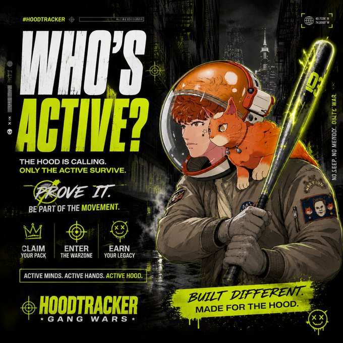 An anime-style promotional poster for 'HOODTRACKER GANG WARS' featuring a helmeted character with an orange cat on their shoulder, with text 'WHO'S ACTIVE? THE HOOD IS CALLING. ONLY THE ACTIVE SURVIVE.'
