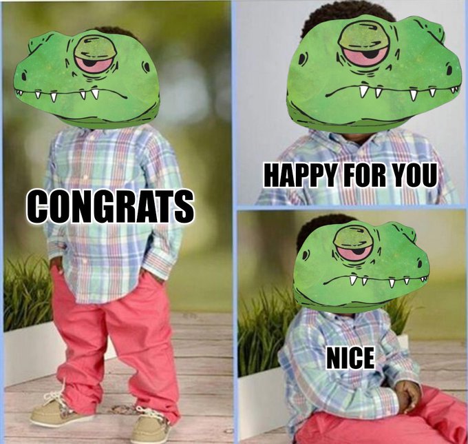 A child with a cartoon dinosaur head edited over their face appears in three panels offering casual congratulations with the text "CONGRATS," "HAPPY FOR YOU," and "NICE." The meme's lighthearted, community-celebratory tone reflects the post's message about Solana's early cultural roots built on simple JPEGs and grassroots communities before major trends like memecoins or DePIN emerged.