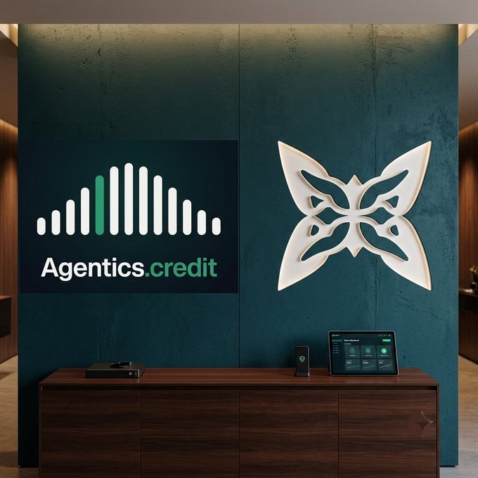 A modern interior setting features a dark green textured wall displaying a logo for "Agentics.credit" with an audio equalizer graphic and a stylized butterfly emblem, alongside a wooden console with a tablet.