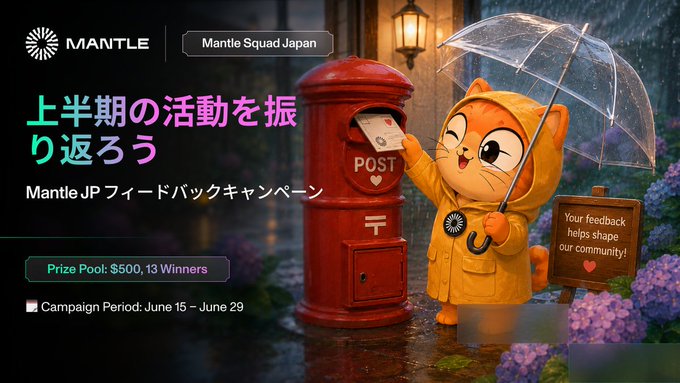 A promotional graphic for the "Mantle JP Feedback Campaign" by Mantle Squad Japan features an orange cat mascot in a yellow raincoat holding a postcard next to a red Japanese mailbox, with text reading "上半期の活動を振り返ろう" (Let's look back on the first half's activities), a prize pool of $500 for 13 winners, and a campaign period of June 15–June 29. The image's nostalgic mail-sending theme ties into the post's call to share feedback as the two-week campaign concludes on its final day.