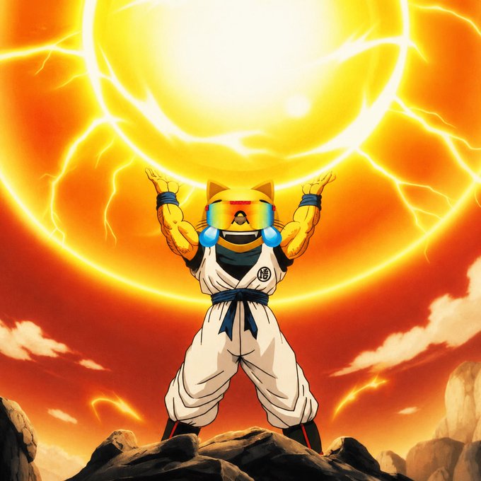 A dramatic anime-style illustration shows a muscular cat character in a martial arts gi with reflective sunglasses performing a powerful pose against a massive glowing yellow energy sphere on a rocky peak.